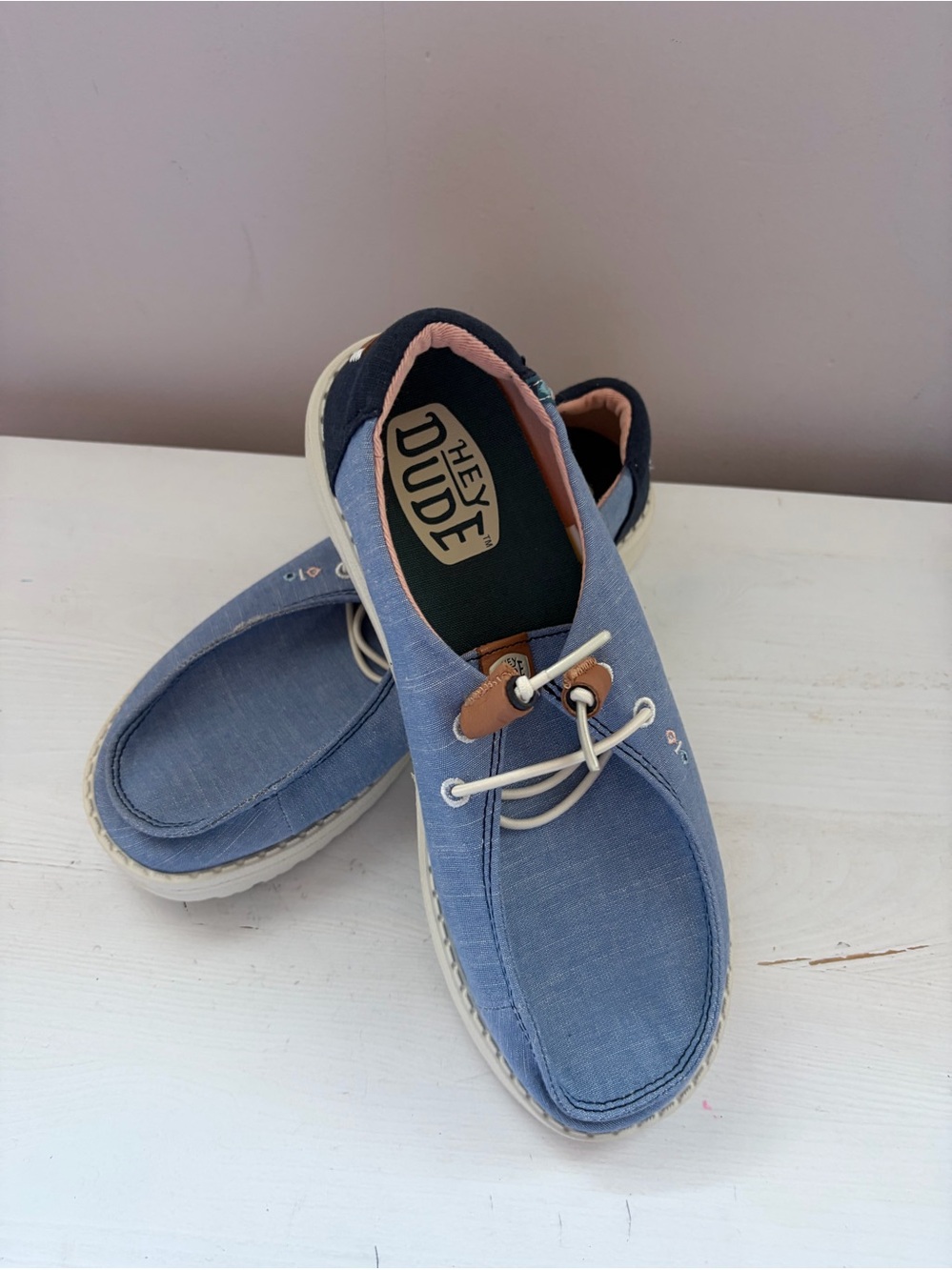 Hey Dude Men’s Light Blue Canvas Boat Shoes with Navy Heel